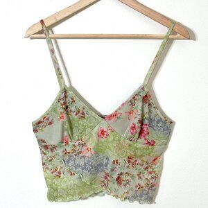 Y2K Floral Mesh Cropped Tank Top Lettuce Hem Asymmetrical Pastel Forest Fairy